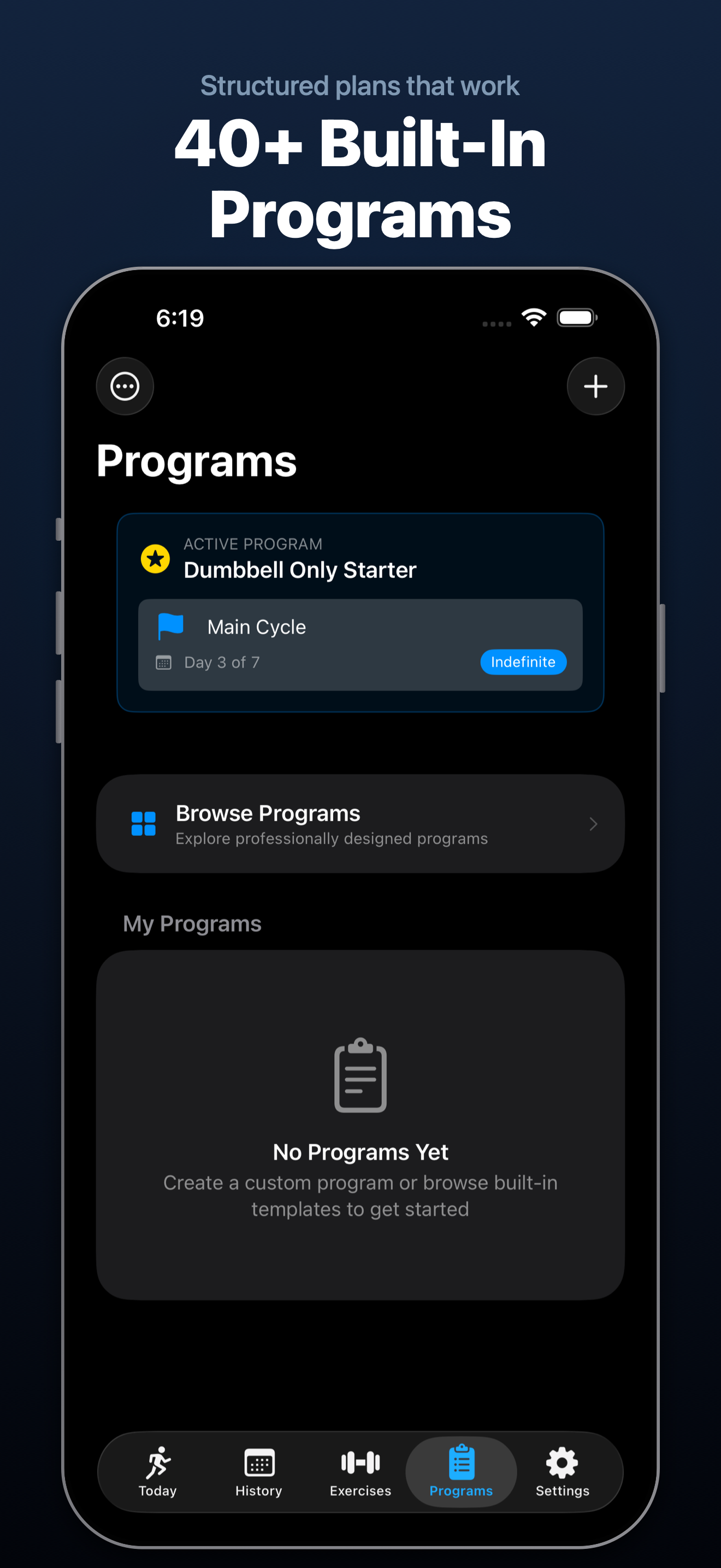 PRVault programs screen showing built-in workout programs