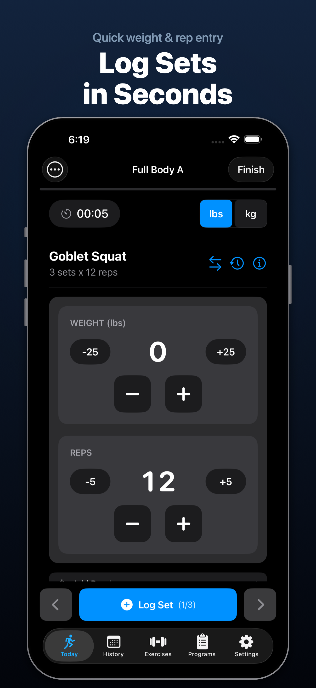 PRVault active workout screen showing exercise logging